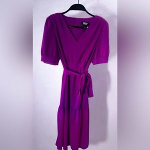 Bright pink DKNY midi dress with tie waist size 10